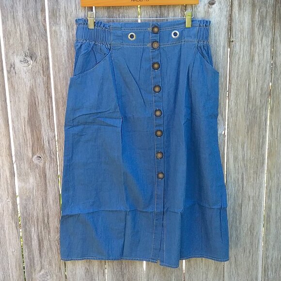 Anthropologie Skirt Women's Large Chambray Blue Cotton Button Down Front Preppy - Picture 8 of 10